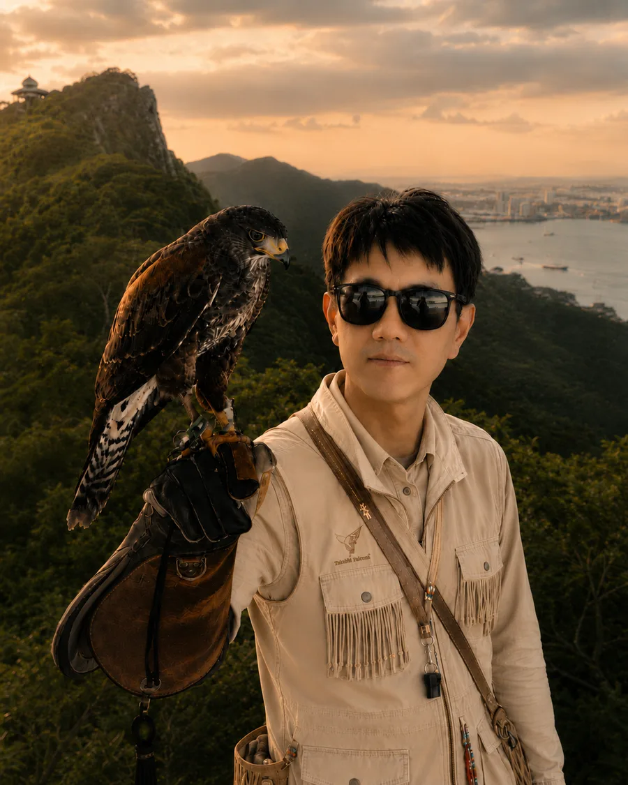 高雄柴山在地嚮導 Andy Lee(李衍錫)與獵鷹在山林間的肖像